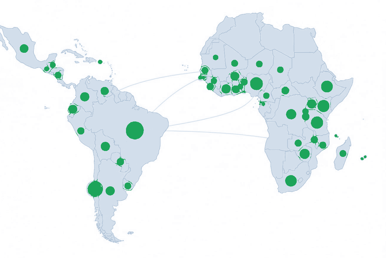 Mapa da presença de projetos da FGV Europe na América Latina e na África